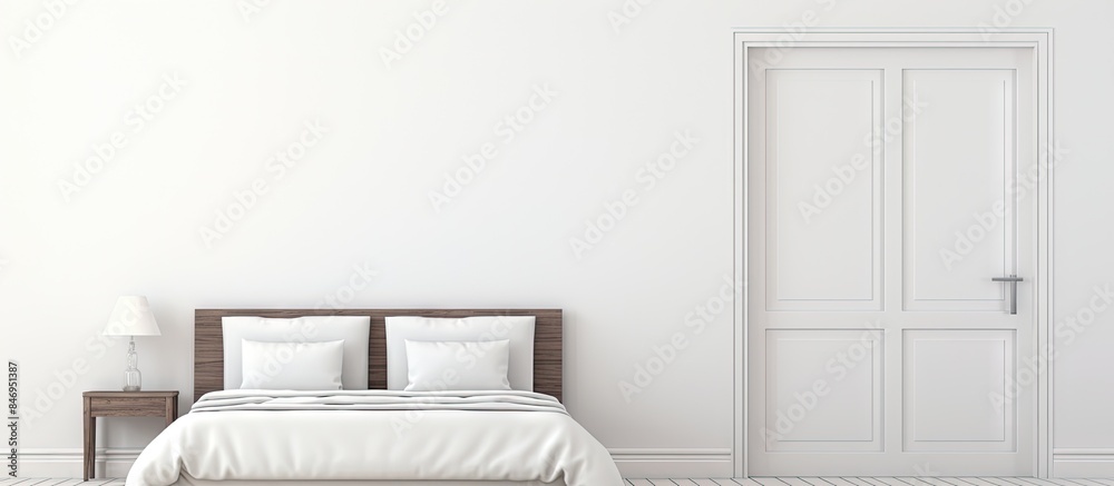 Poster modern bedroom interior featuring a bed and nightstand with an opened white door. with copy space im