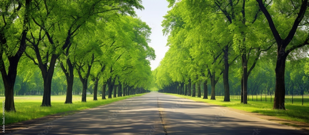 Aufkleber Path surrounded by trees in a lush park with vibrant green grass, creating a peaceful and serene atmosphere. with copy space image. Place for adding text or design