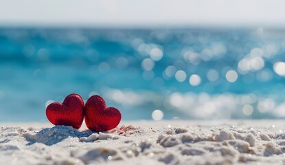 Fototapeta premium Two red hearts on white beach with blue sea background, Valentine's Day concept banner. Love and romance, romantic mood, copy space for text