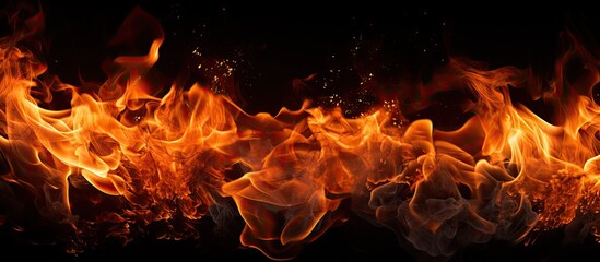Flames of a fire burning vividly in contrast to a dark backdrop, showcasing the intense heat and energy. with copy space image. Place for adding text or design