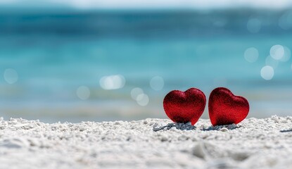 Obraz premium Two red hearts on white beach with blue sea background, Valentine's Day concept banner. Love and romance, romantic mood, copy space for text