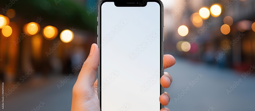Poster Hand of a man displaying a smartphone with selective focus on the blank screen. with copy space image. Place for adding text or design