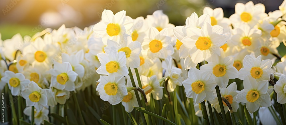 Leinwandbilder blooming narcissus flowers create a picturesque scene in the garden, combining white and yellow hues