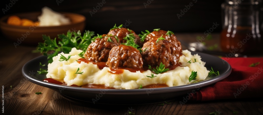 Aufkleber a plate containing a scrumptious combination of mashed potatoes, meatballs, and savory gravy. with c