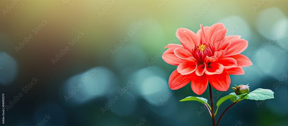 Aufkleber vibrant red flower blossoming from a green stem with a blurred background of foliage. with copy spac