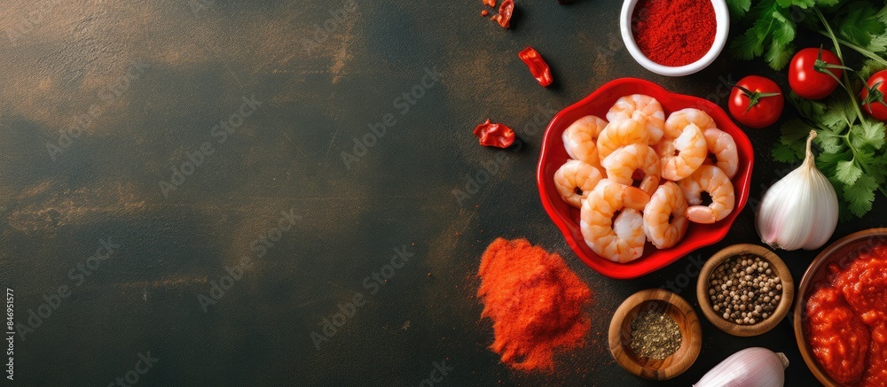 Aufkleber A close-up view of a table displaying a bowl filled with shrimp, along with various other ingredients for a flavorful meal. with copy space image. Place for adding text or design