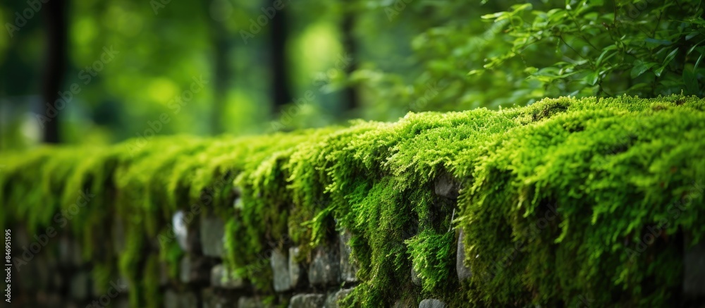 Aufkleber lush green moss covering a wall in the heart of a forest, nestled near a dark fence boundary. with c