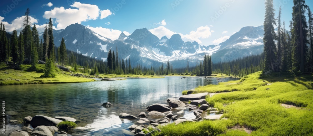 Poster scenic view of a tranquil alpine lake framed by rugged rocky mountains, ideal for sun-drenched hikes