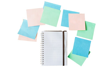 Workspace with laptop, smartphone, notebook, and colorful sticky notes on transparent background