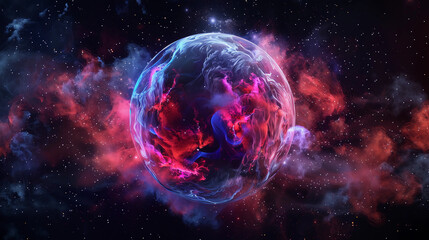 3D Spectacular cosmic cloud explosion within transparent sphere with black background. Nebula and stars in space concept with purple neon. Abstract wallpaper and creative design, AI Generative.