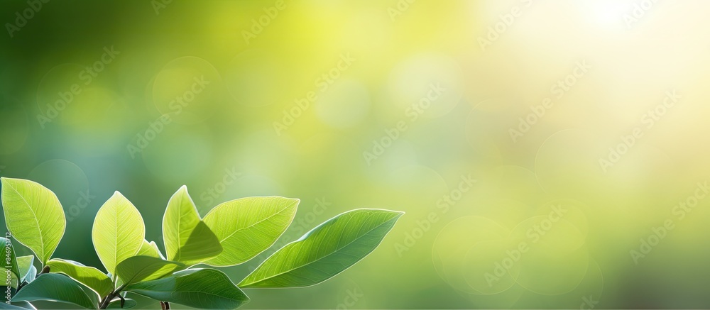 Aufkleber green plant with leaves on branch illuminated by sunlight in natural environment. with copy space im