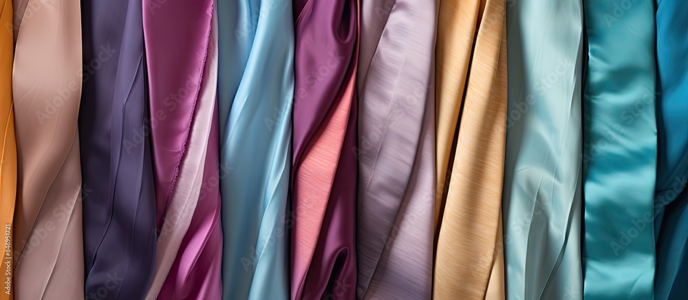 Poster Various vibrant colored satin fabrics in a close-up shot, creating a visually appealing display. with copy space image. Place for adding text or design