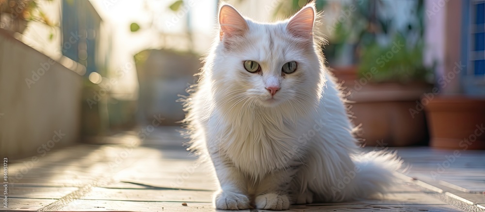 Poster gray and white feline rests on floor, awaiting breakfast and enjoying outdoor play in morning light.
