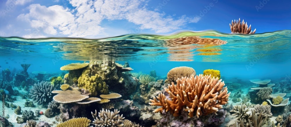 Poster various corals form a vibrant coral reef in the protected shallow waters of the tropical western pac
