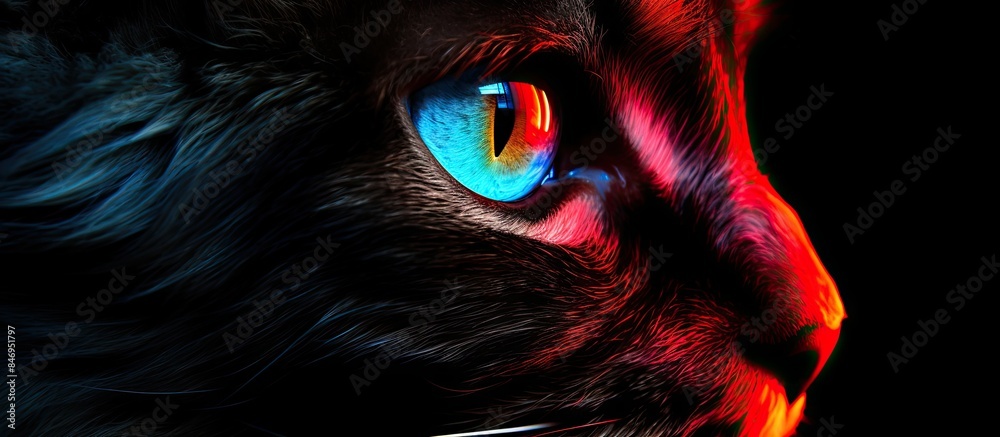 Poster the brightly colored eyes of a cat shine brightly in the dark, showcasing various hues and a captiva