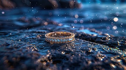 A gold ring is sitting on a rock in the water
