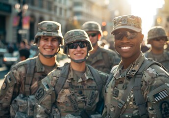 Multiracial male soldiers in uniform smiling and posing for a photo, wearing sunglasses, outdoors on a city street