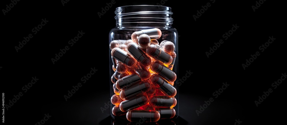 Poster Heap of assorted pills neatly stacked on a flashlight against a black background. with copy space image. Place for adding text or design