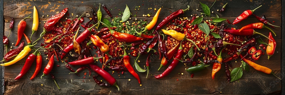 Poster a variety of fresh and dried chili peppers are scattered on a rustic wooden surface. the vibrant col
