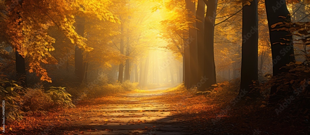 Aufkleber A narrow path winding through a dense autumn forest with overgrown foliage and fallen leaves. with copy space image. Place for adding text or design