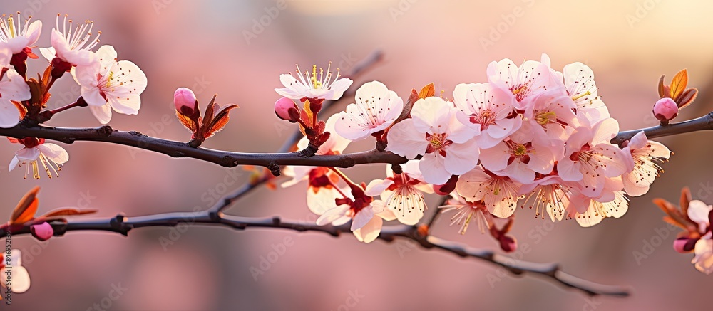 Poster blooming pink plum flowers on a tree branch captured at okamoto park's serene beauty. with copy spac
