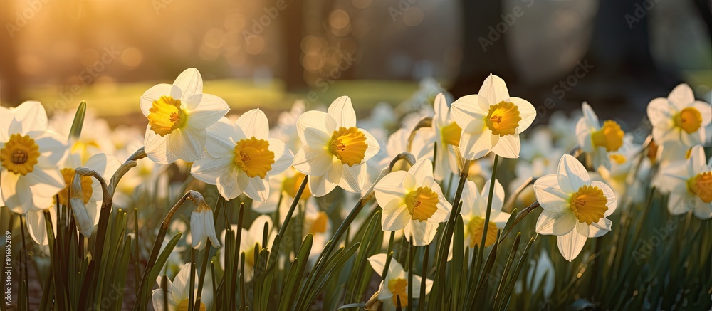 Aufkleber blooming narcissus flowers create a vibrant display in the garden. with copy space image. place for 