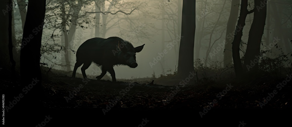 Aufkleber Wild boar sus scrofa ferus silhouette navigating through dense fog in the woodland. with copy space image. Place for adding text or design