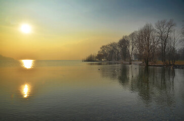 Beautiful Sunlight over a Lake maggiore in a Foggy Day with Bare Trees in Ascona, Ticino, Switzerland.