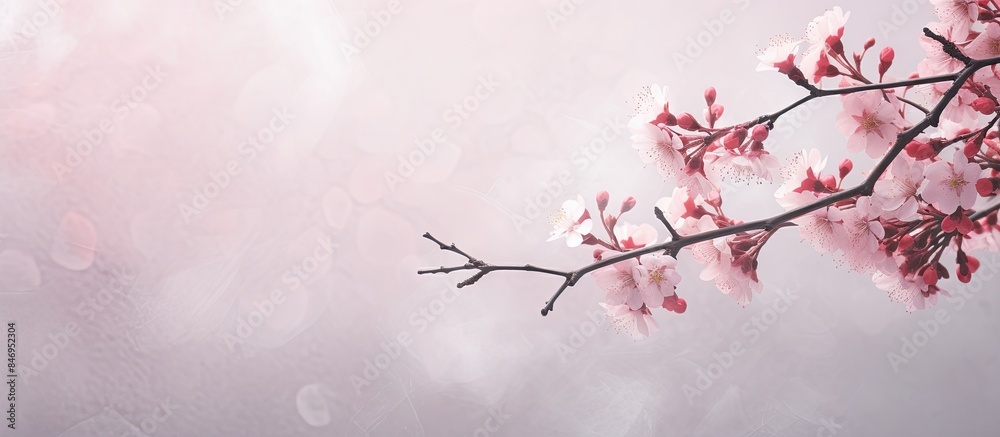 Poster blooming cherry blossoms on a tree branch stand out against a clean white background. with copy spac