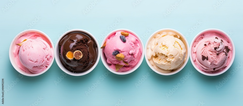 Poster variety of delicious ice cream flavors in separate bowls, showcasing a selection of sweet treats. wi
