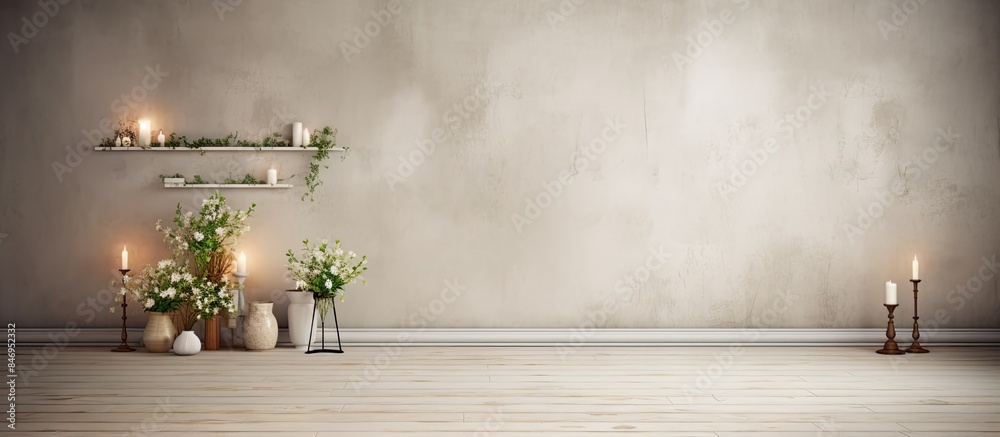 Poster a room setting featuring candles, flowers, a wall, and a shelf creating a tranquil ambiance. with co