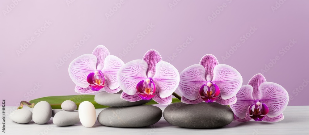 Poster group of elegant orchid flowers placed amidst smooth stones on a flat surface. with copy space image