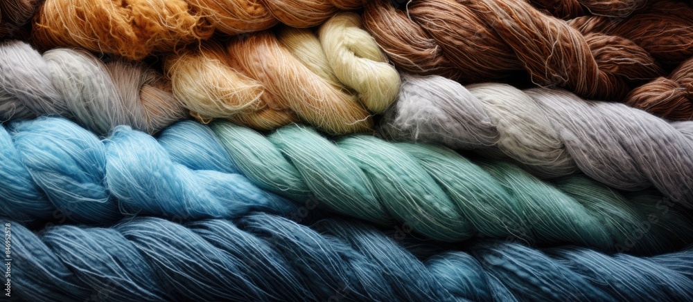 Poster Close-up view of a diverse pile of yarn in various vibrant hues, showcasing the texture of the material. with copy space image. Place for adding text or design