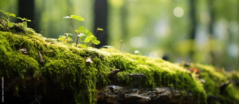 Aufkleber Moss-covered log in the forest, surrounded by lush greenery and trees. with copy space image. Place for adding text or design