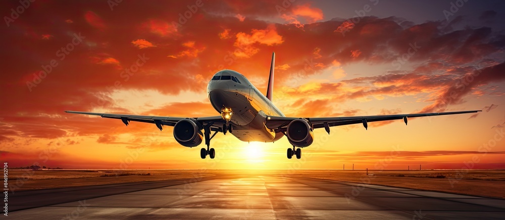 Aufkleber An aircraft is seen landing gracefully against the backdrop of a sunset while another plane is taking off into the sky. with copy space image. Place for adding text or design