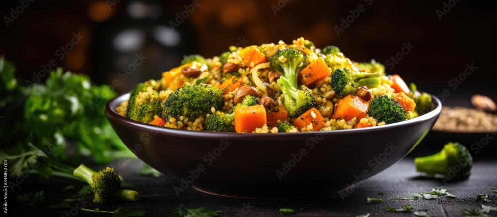 Aufkleber A close-up view of a bowl of food containing fresh broccoli and carrots, creating a colorful and healthy dish. with copy space image. Place for adding text or design
