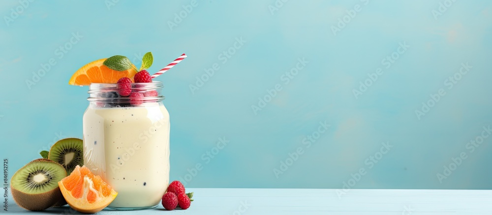 Fototapete close-up of a refreshing fruit smoothie in a glass with a straw and strawnnaise, perfect for a healt