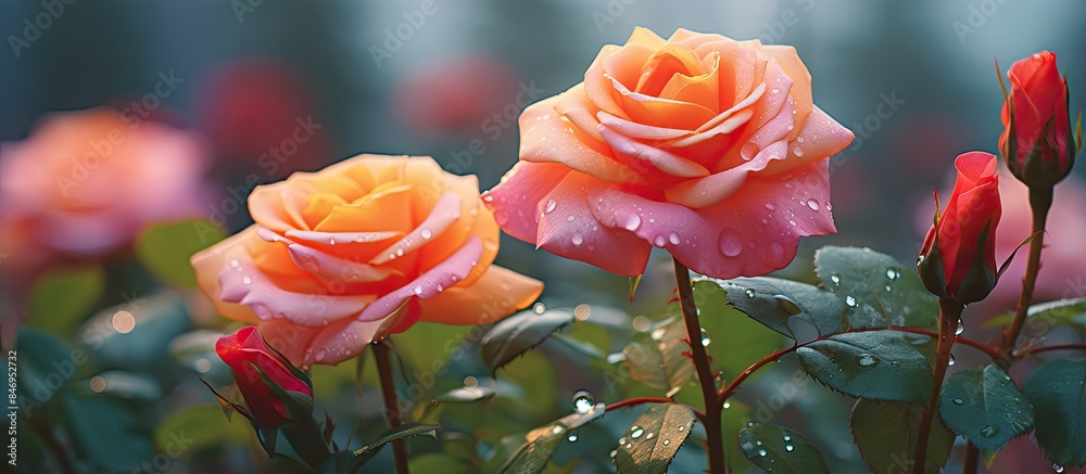 Aufkleber pair of vibrant orange roses adorned with water droplets. with copy space image. place for adding te