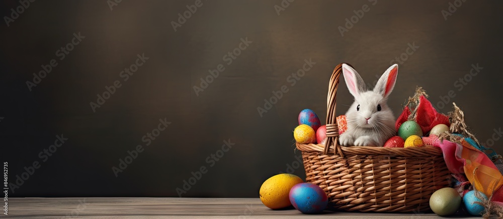 Poster a wicker basket containing a textile easter bunny and colorful eggs, perfect for easter celebrations