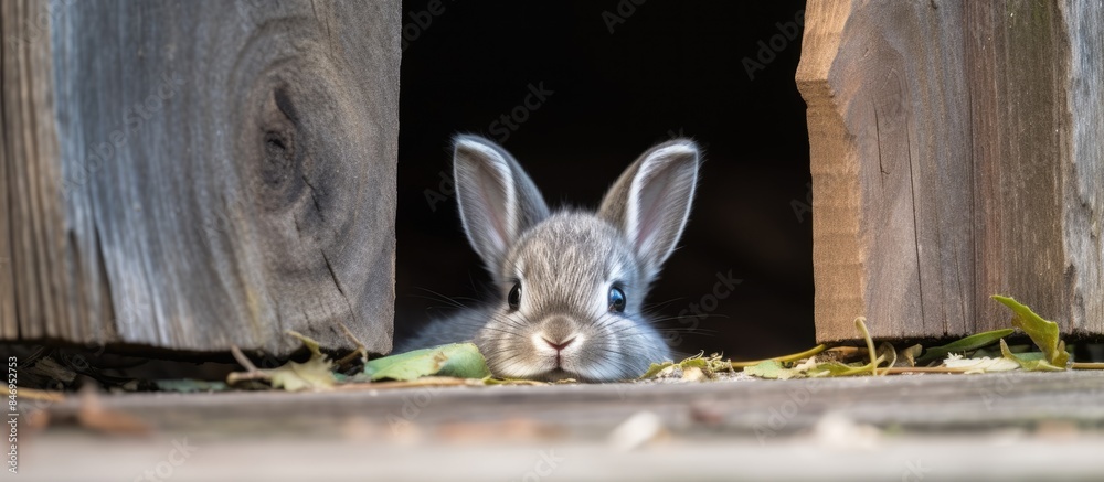 Poster Small gray rabbit found beneath a wooden shed in a detailed close-up image. with copy space image. Place for adding text or design
