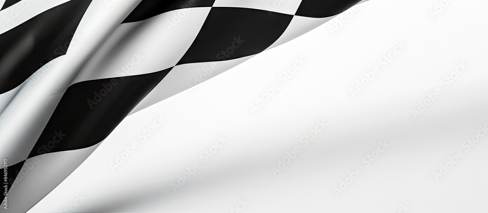 Poster Close-up of a black and white checkered flag against a white background. Racing flag with black and white squares. with copy space image. Place for adding text or design