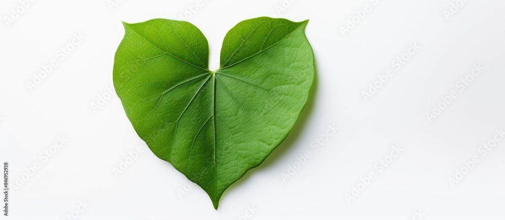 Aufkleber Single green leaf in the shape of a heart placed on a clean white background. with copy space image. Place for adding text or design