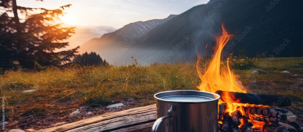 Poster metal cup positioned beside a warm fire on a wooden log in a forest setting. with copy space image. 