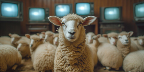 Sheep with TV screens,  brain addicted to social media, manipulation and mind control by media, disconnected to reality 