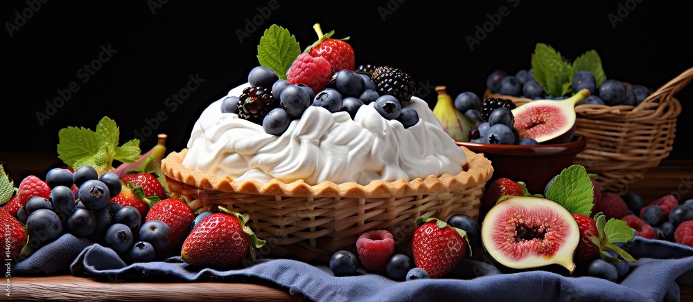 Aufkleber delicious pie topped with rich whipped cream and an assortment of fresh fruits like figs, grapes, ra