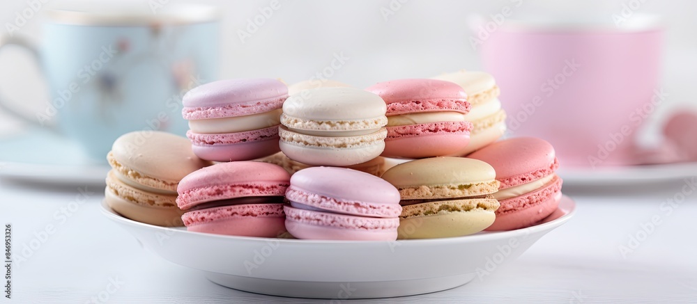 Fototapete Assorted delicate macarons of various flavors arranged in a bowl on a table, perfect for a coffee shop concept. with copy space image. Place for adding text or design