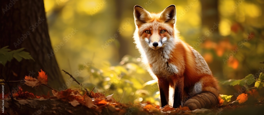 Poster red fox, vulpes vulpes, attentively gazing at the camera amidst the green foliage of the forest. wit