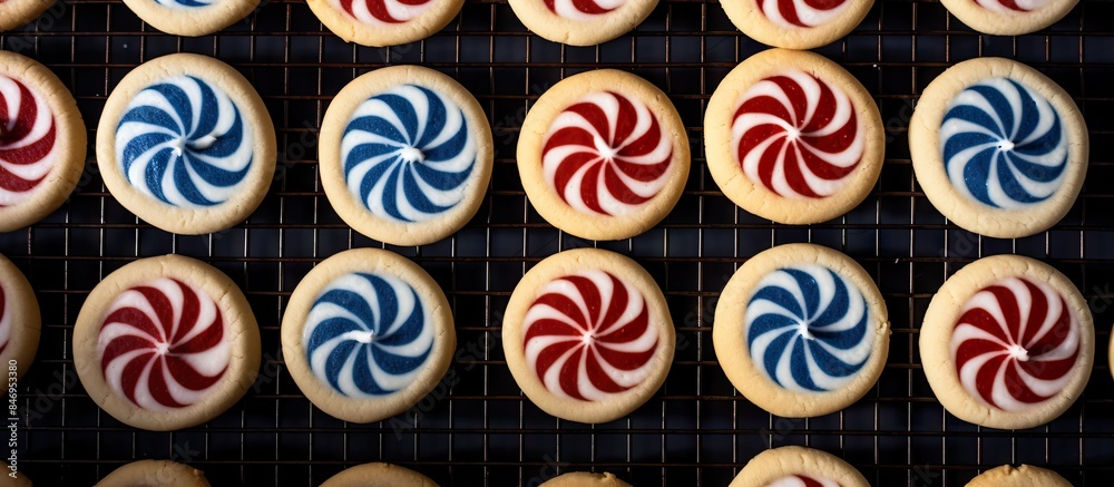 Aufkleber tray of sugar cookies decorated with red, white, and blue swirls, ready for cooling on a rack after 