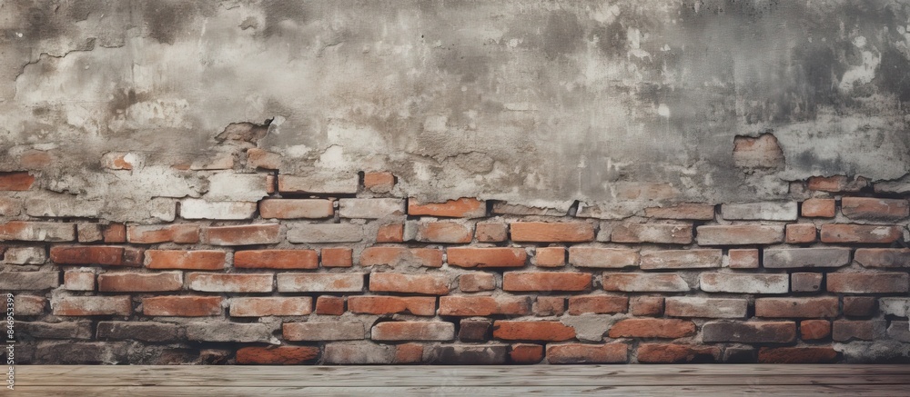 Poster Weathered vintage brick wall providing a backdrop for an old concrete surface. with copy space image. Place for adding text or design