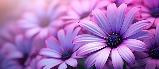 Obraz premium Lush purple blooms with bright yellow centers dotting a picturesque field, creating a stunning natural display. with copy space image. Place for adding text or design